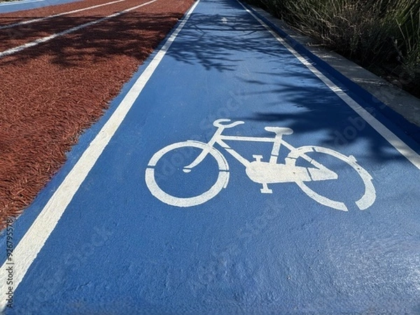Fototapeta Separate bicycle lane for riding bicycles.Bicycle icon on the lane .New public asphalt bicycle lane close up beside the road.White painted bike on asphalt.