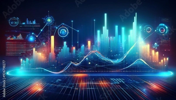 Fototapeta Data Analytics With Graphs And Charts, Dynamic Data Visualization, Metrics Background, Business States And Trends Generative AI