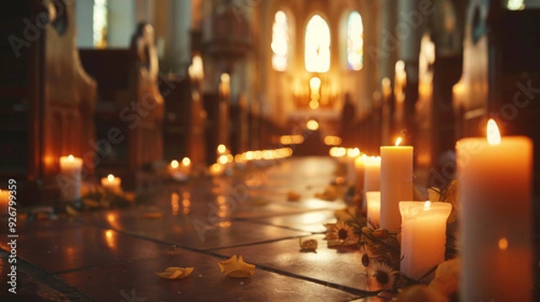 Obraz Interior of a Church with Burning Candles on the Floor and Flowers