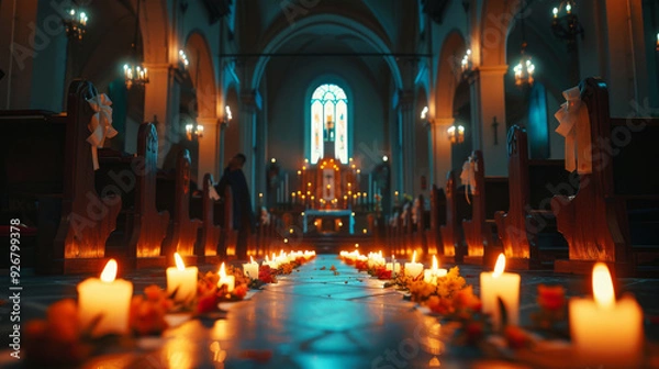 Obraz Interior of a Church with Lit Candles and Flowers on the Floor for All Saints' Day