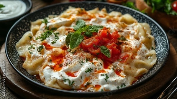 Fototapeta Turkish Manti flavored with yogurt, mint, tomato sauce, and red pepper. Typical Turkish cuisine on a plate