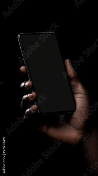 Obraz A hand holding a smartphone with a blank screen isolated on a black background, a mockup template for mobile advertising or branding design concepts. 