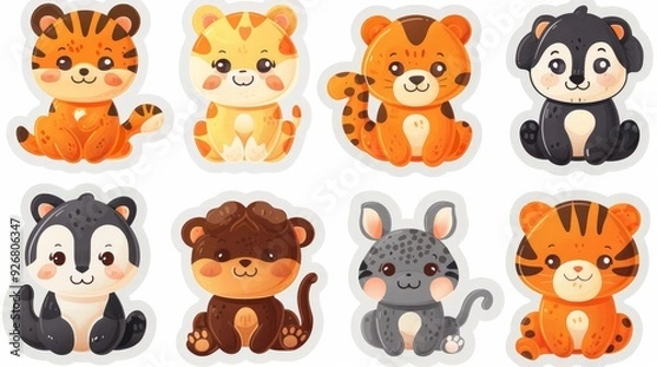 Fototapeta Cute wild woodland baby animal faces in pastel color vector illustration. Baby shower and nursery art animal set including a bear, tiger, lion, rabbit, giraffe