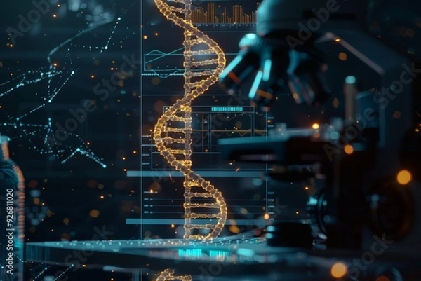 Fototapeta DNA double helix with infographics and a microscope for detailed scientific analysis, showcasing