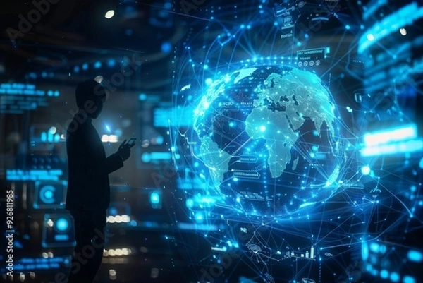 Fototapeta photo capturing a virtual globe-shaped diagram of digital marketing media, including website ads