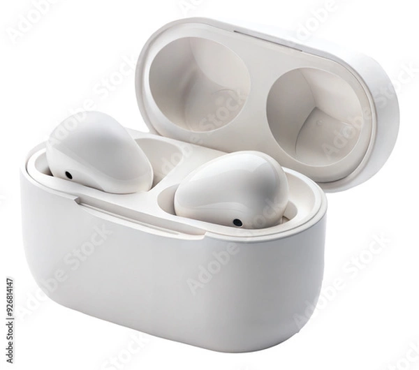 Obraz Wireless white earbuds in a sleek charging case isolated on transparent background
