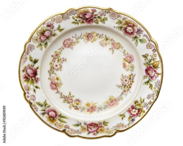 Fototapeta Decorative floral china plate with intricate rose design isolated on transparent background