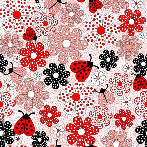 Obraz Cute ladybugs red pattern. Red background or  nursery 
 flower and animal  vector.