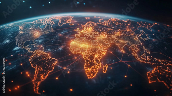 Fototapeta Digital world map with glowing orange connections, representing global data networks and business expansion