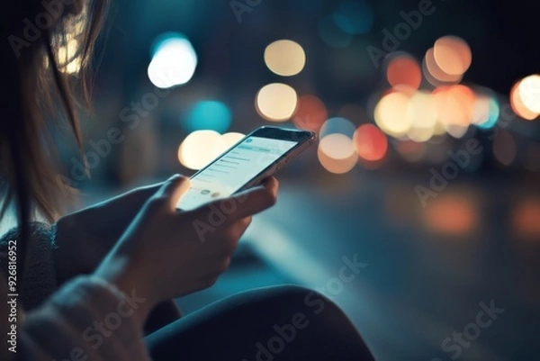 Fototapeta Close-up of a woman’s hands using a mobile phone at night with city lights and bokeh effect, showcasing digital interaction and urban environment.