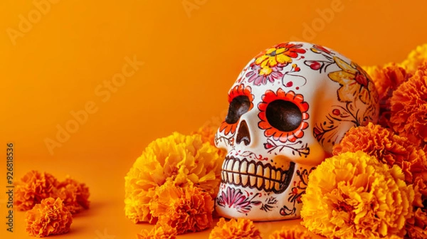 Fototapeta Day of the Dead Dia de los Muertos Sugar Skull Orange Background Copy Space