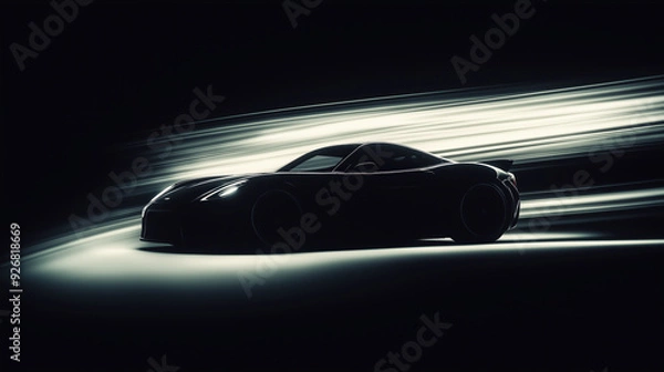 Fototapeta Silhouette of a stylist sports car speeding at high speeds. Its contours are emphasized by the speed of the wind passing through it