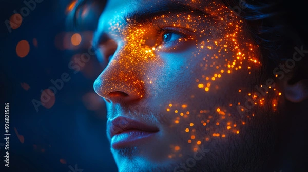 Fototapeta Portrait of Man with Neon Network Nodes Highlighting Face Against Dark Blue Background, Artificial Intelligence and Technology Concept
