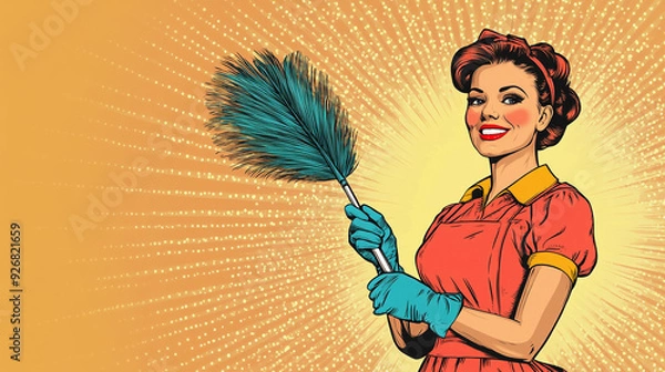 Obraz A woman cleaner with feather duster in a retro vintage pop art comic book style