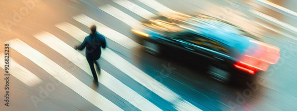 Obraz A startled pedestrian narrowly avoids disaster as a car speeds through the crosswalk