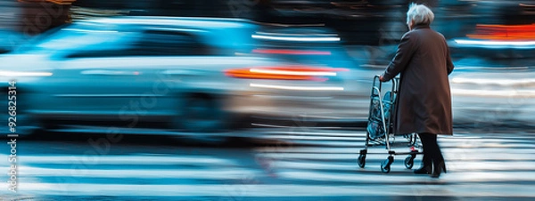 Obraz A startled elderly lady pedestrian with walking frame in danger of being hit by car at crosswalk.