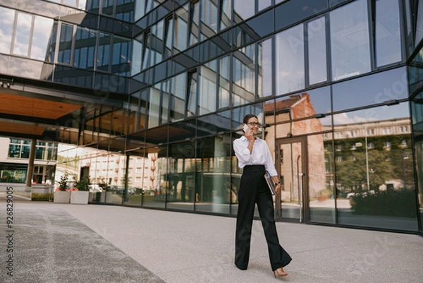 Fototapeta A confident businesswoman is walking in front of a modern glass building in the city