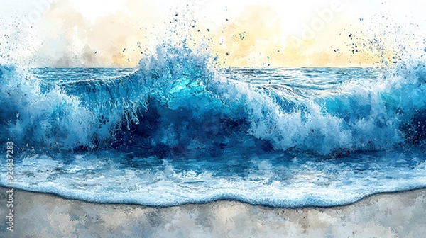 Fototapeta Abstract Watercolor of an ocean wave breaking on the sandy shore. Generated by AI.
