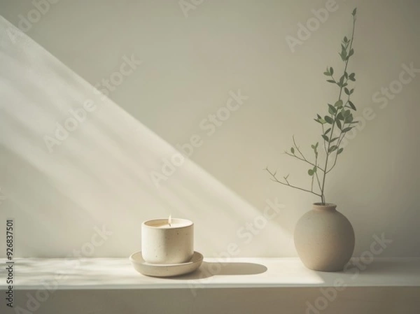 Fototapeta  Candle in Elegant White Jar with Small Ceramic Vase and Greenery on Table  Against a Clean Wall Background.

