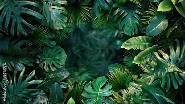 Fototapeta A natural frame of tropical leaves around an open space in the center for text.