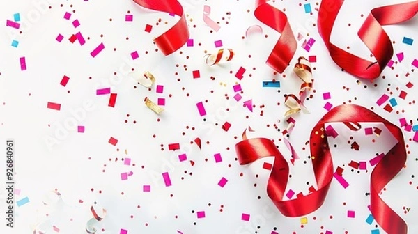 Obraz Festive red ribbon and colorful confetti scattered on a white background.