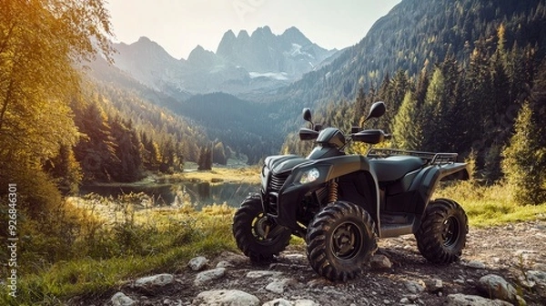 Fototapeta Electric-powered all-terrain vehicle, navigating rough terrain, mountain setting, clear afternoon light