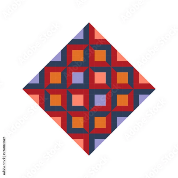 Fototapeta Square logo with bright pixel pattern in Mexican style. Rhombus with vivid tribal geometric triangles and squares ornament. Aztec rug element.
