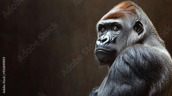 Fototapeta A large gorilla looking around. with copy space image. Place for adding text or design 