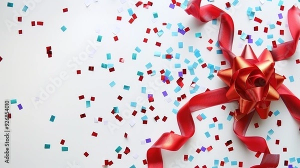 Obraz Red ribbon with bow and colorful confetti on white background.