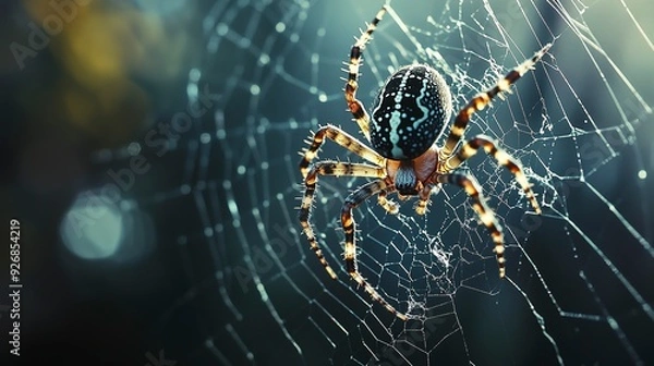 Fototapeta Macro shot of a spider weaving its web, the delicate strands and body details in sharp focus, with a dark, blurred background