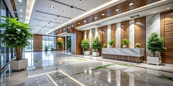 Fototapeta Modern luxury office lobby with clean marble floor, green plants, and elegant wood and stone design elements
