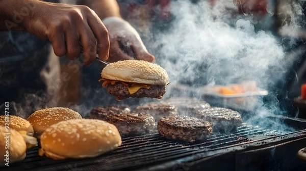 Obraz Close up of Vendor Flipping Burgers on Smoky Grill with Toppings Ready