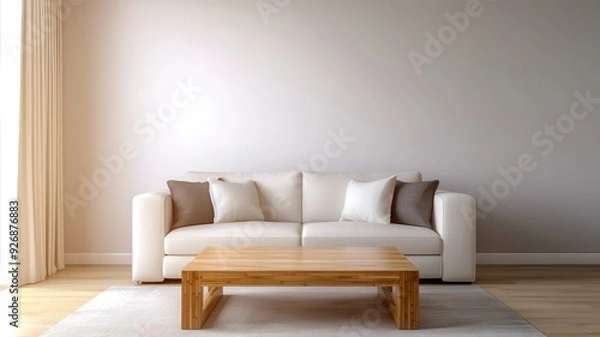 Fototapeta Contemporary bamboo coffee table in a minimalist living room, surrounded by neutral tones and soft lighting
