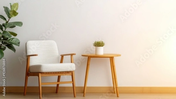 Obraz Elegant bamboo side table with minimalist decor, placed next to a simple armchair, cozy corner setup