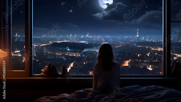 Obraz A woman sits in bed looking out a window at a cityscape under a full moon.