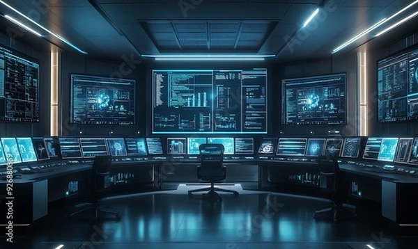 Fototapeta Futuristic Control Room for Managing Vulnerability Assessments with Real-Time Data