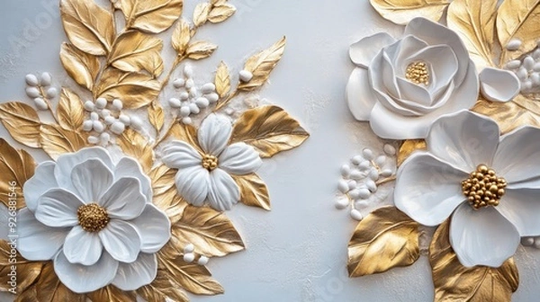 Fototapeta White and Gold Floral Wall Decor