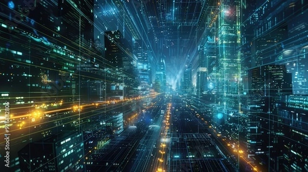Fototapeta A futuristic city with glowing digital lines and data streams. Abstract cityscape with neon lights and a sense of speed.  A city of the future with technology as its foundation.