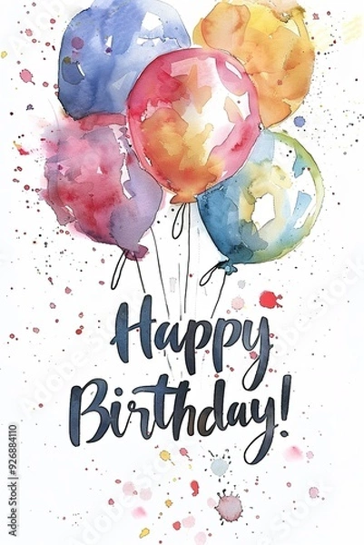 Obraz Watercolor birthday card with colorful balloons and splatters.
