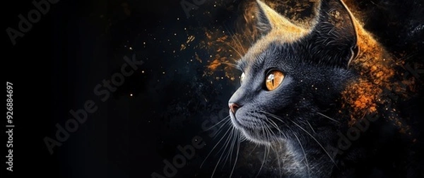 Fototapeta A striking black cat looks upwards, its golden eyes sparkling against a backdrop of stars and cosmic hues.