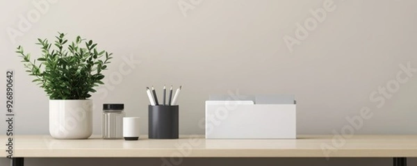 Fototapeta Minimalistic workspace featuring a plant, stationery holder, and a tidy arrangement on a wooden desk against a neutral background.