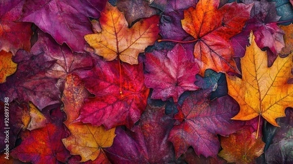 Fototapeta Vibrant autumn leaves in various shades of red, orange, and purple create a stunning natural tapestry on the ground.