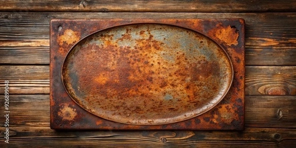 Fototapeta Rusty plate on wooden surface with corrosion and aged texture