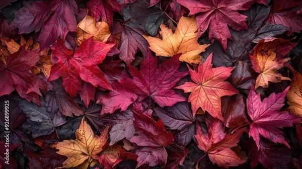 Fototapeta A vibrant collection of colorful autumn leaves, showcasing rich reds, oranges, and yellows on a dark background.
