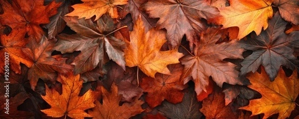 Fototapeta A beautiful collection of autumn leaves in vibrant shades of orange and brown, creating a warm, inviting texture.