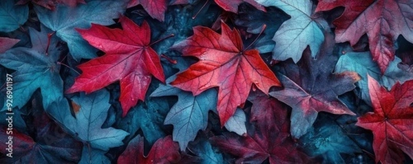 Fototapeta Vibrant autumn leaves in shades of red and blue create a stunning visual display, perfect for seasonal or nature-themed projects.