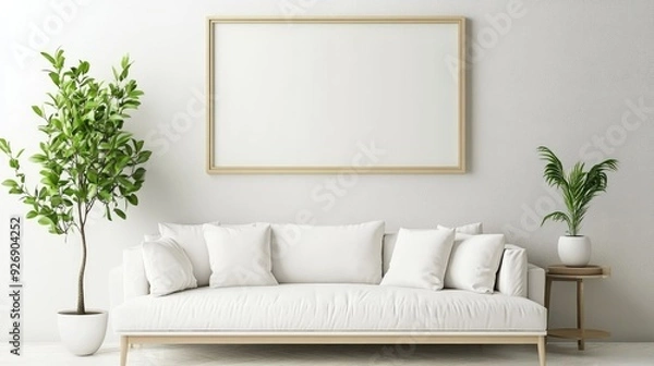 Fototapeta Minimalist living room with a blank wall frame and a single plant