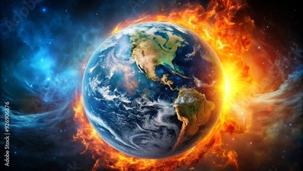 Fototapeta of planet Earth experiencing global warming, with visible effects of climate change from space
