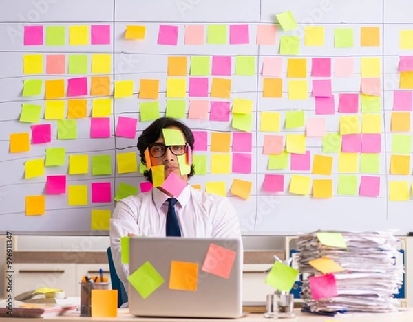 Obraz Young employee in conflicting priorities concept