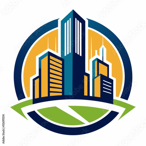 Obraz Modern Skyscrapers in a Circular Frame with Green Landscape